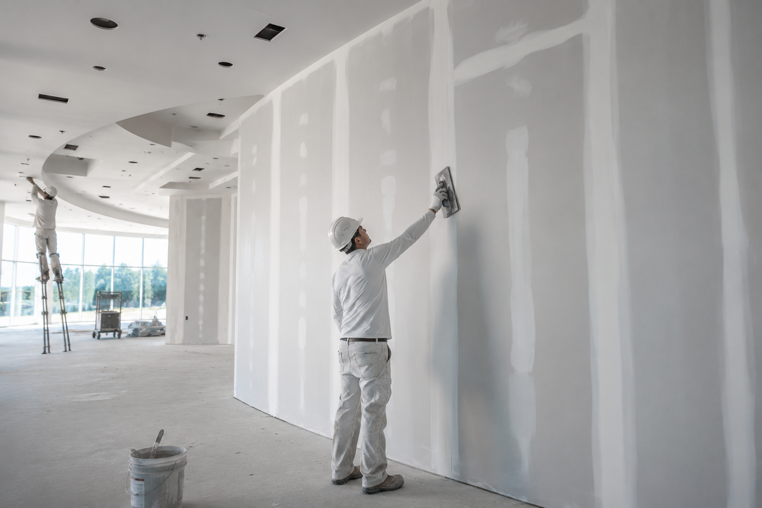Technician applying finishing mud to drywall seams in a residential renovation