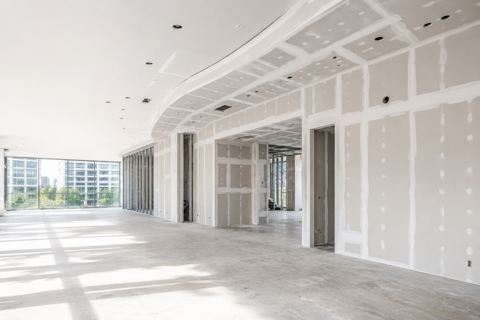 Modern luxury commercial interior with clean drywall lines and natural lighting
