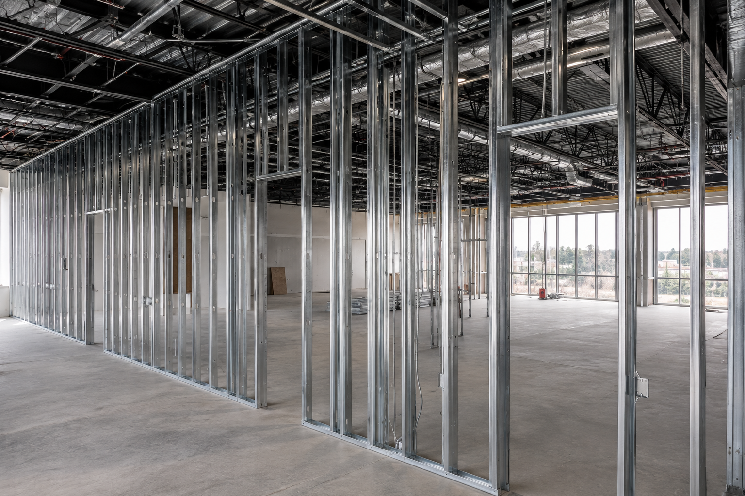 Professional framing crew installing metal studs in a commercial interior space