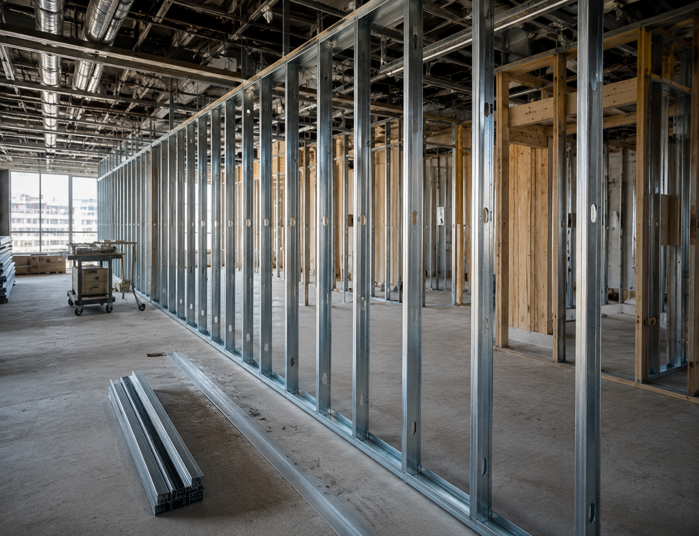 Professional metal stud framing for a commercial interior