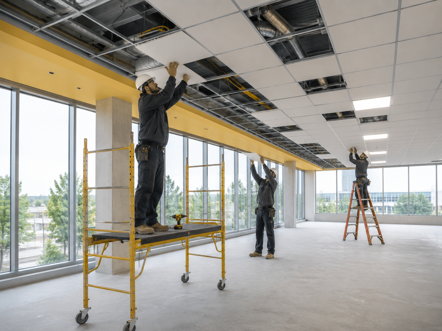 Installation of suspended T-bar ceiling grid