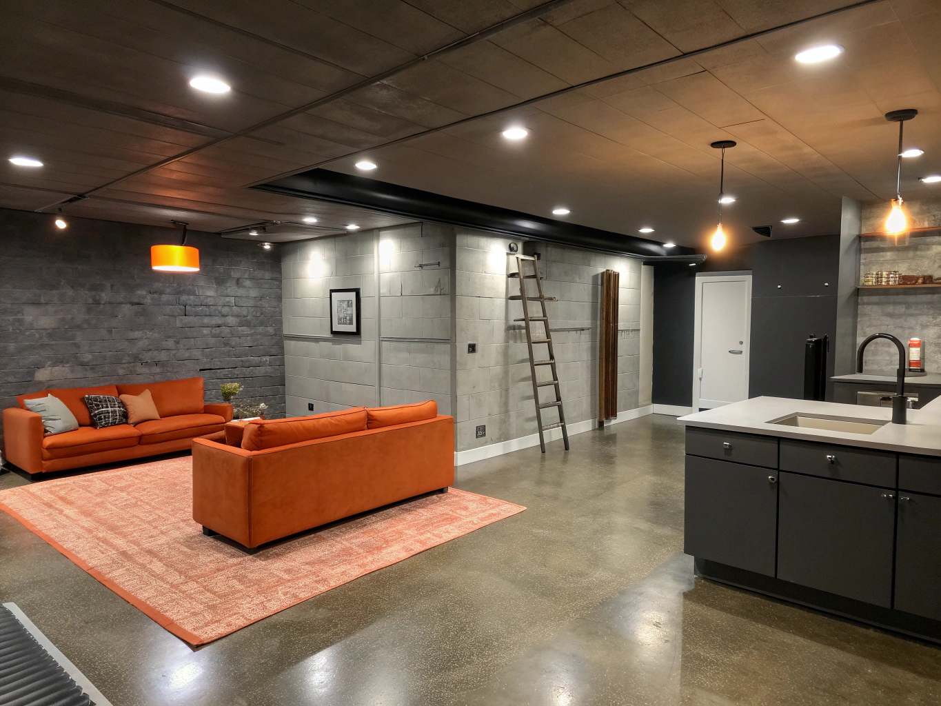 Completed basement renovation featuring custom ceiling work