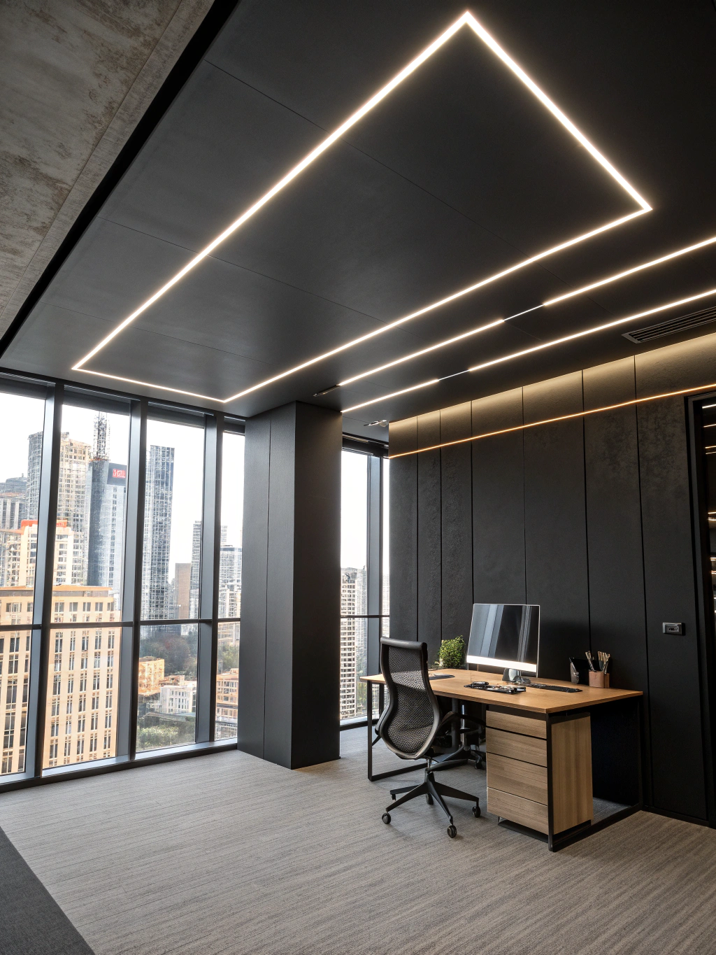 Commercial office suite featuring suspended T-bar ceiling and metal framing
