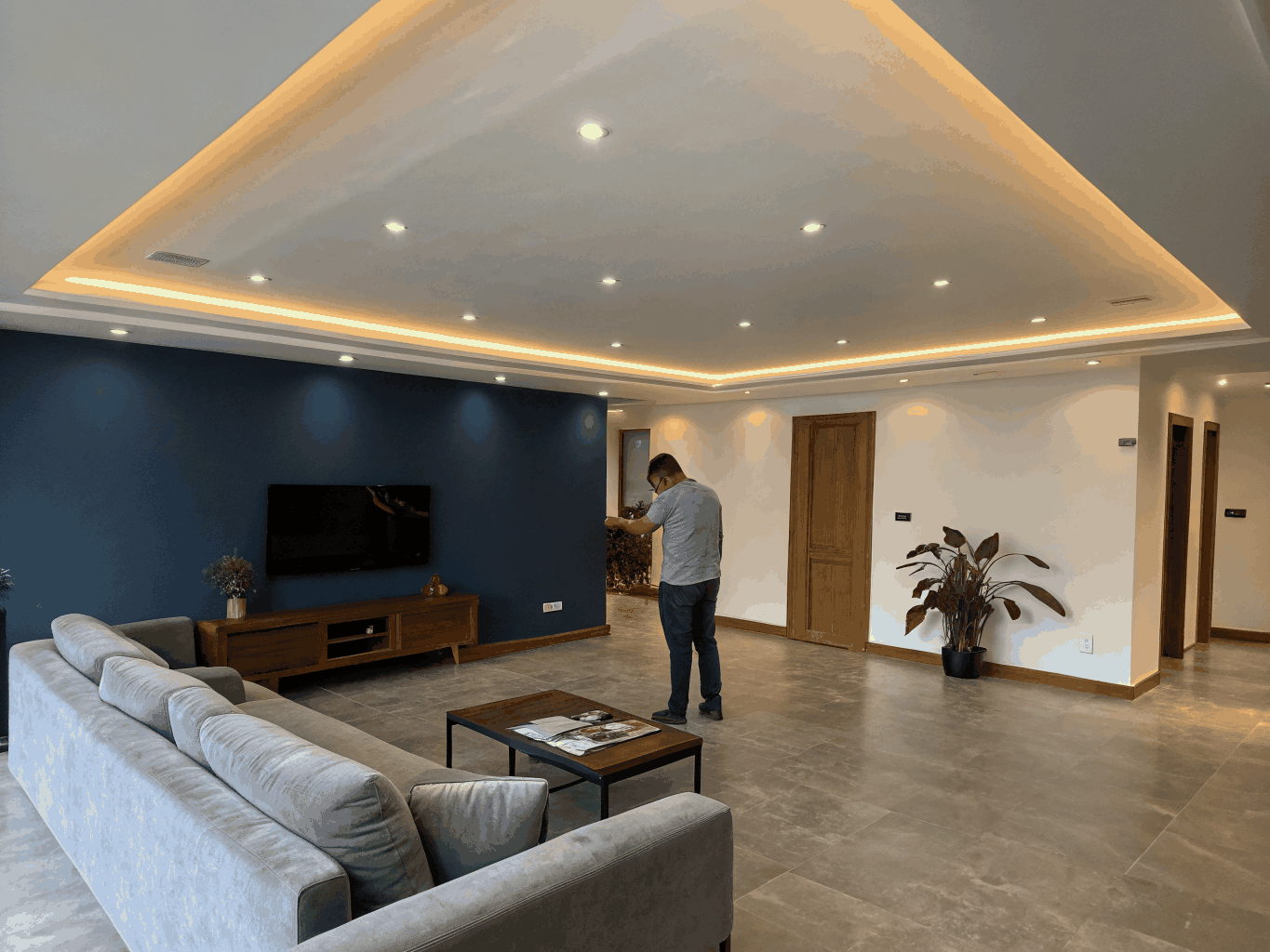 Custom architectural bulkhead feature in a modern home