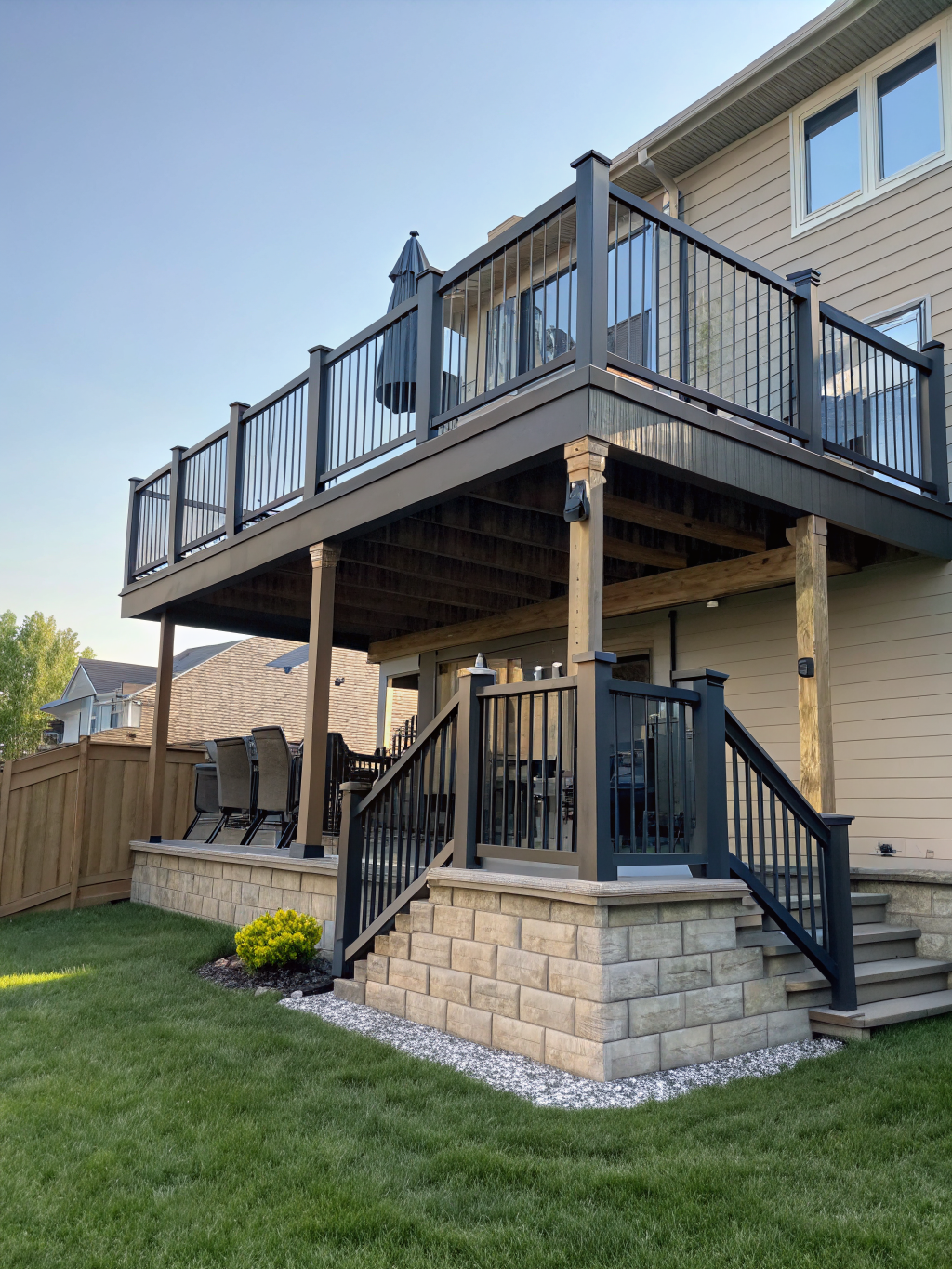 Newly constructed wooden deck in a residential backyard