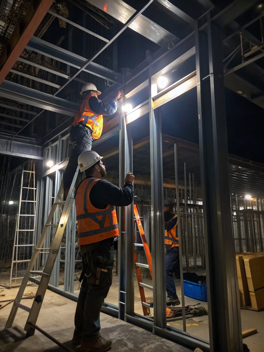 Professional construction crew performing precise metal framing on a commercial interior project