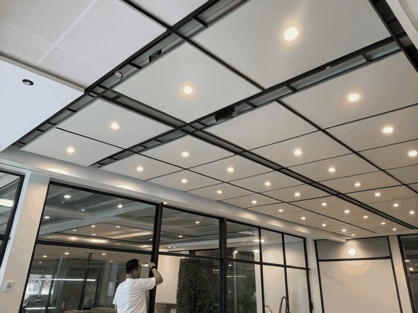 Professional suspended T-bar ceiling in a commercial office