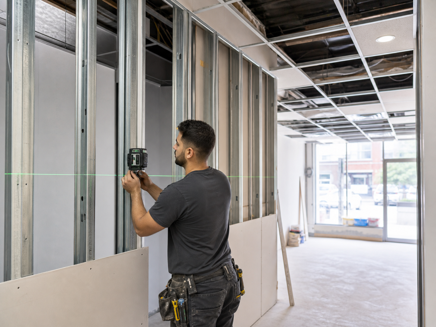 Commercial metal stud framing and suspended T-bar grid installation