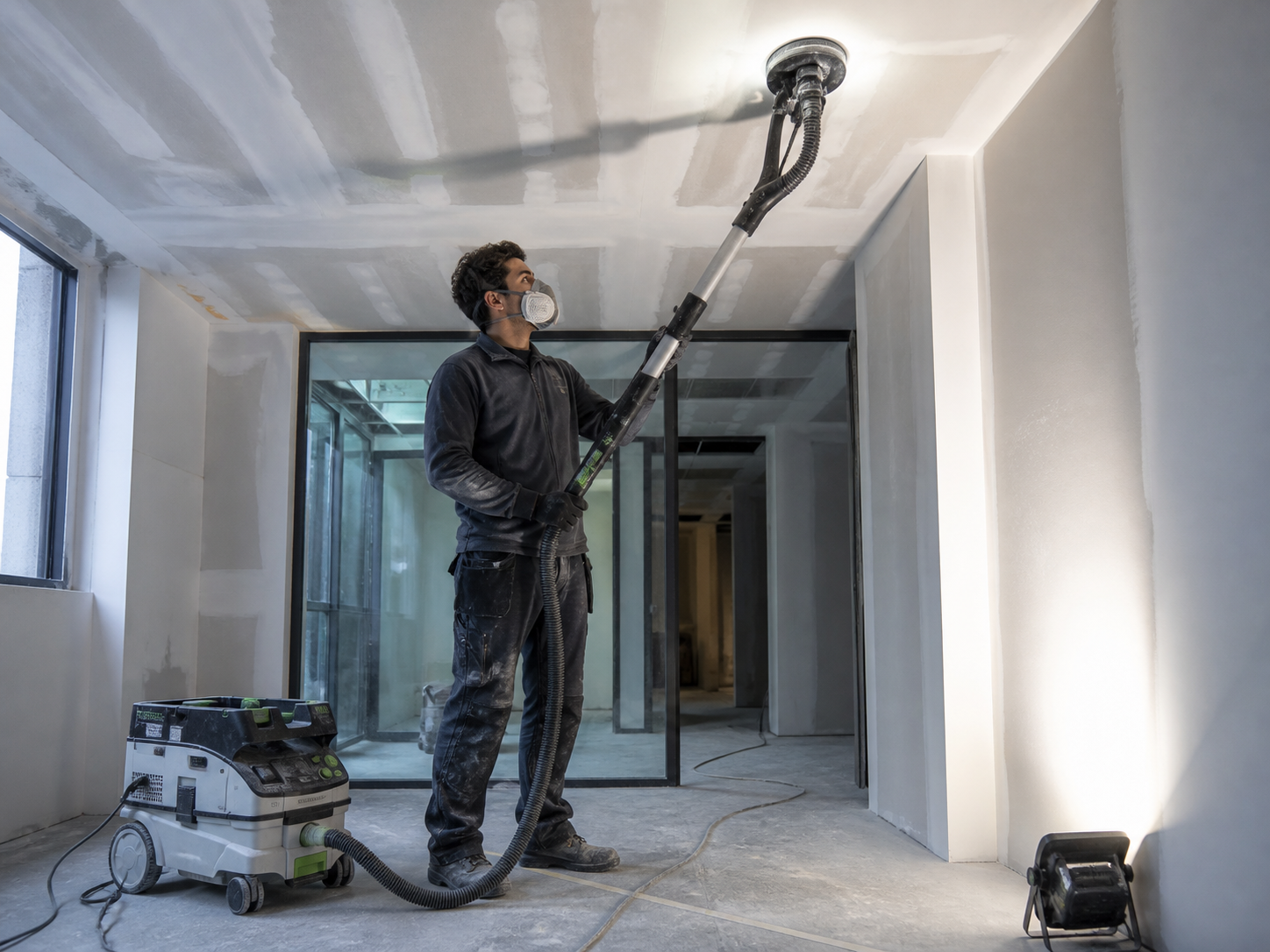 Smooth Level 5 drywall taping and finishing inside a modern space